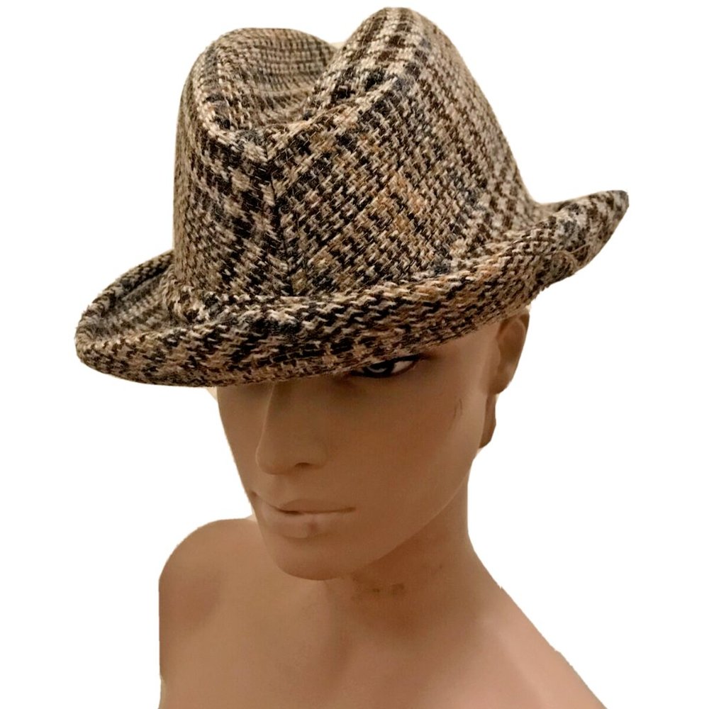 Stetson Vintage Brown Plaid Tweed Wool Fedora Hat Size 7 1/4 Unisex Men Women